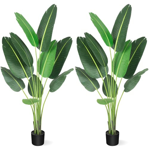 Hosslly [2 Packs] 5 Feet Artificial Tree Bird of Paradise with 10 Trunks, 60 inch Faux Plant Fake Banana Tree Plant with Pot for Home, Decor, Indoor, Outdoor, Living Room, Office