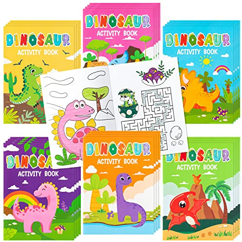 JAPBOR 24pcs Dinosaur Activity Coloring Books for Kids Party Favors, Mini Art Color Pages Drawing Booklet Supplies, Birthday Painting Games Theme Doodle Small Colouring Book Bulk Goodie Bag Filler
