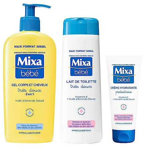 Mixa Bébé - Routine Bain et Toilette - Gel Corps et Cheveux Très Doux 300 ml + Lait de Toilette Très Doux 300 ml + Crème Hydratante Protectrice 100 ml - Peaux Délicates Nourrissons - Hypoallergéniques