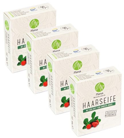 Mara Naturkosmetik - Feste Haarseife Himbeer-Minze – Pflegende Wellness Reinigung ohne Palmöl - Frauen, Männer – Naturseife, nachhaltig, vegan, bio, umweltfreundlich, handgemacht, zertifiziert 4x90g
