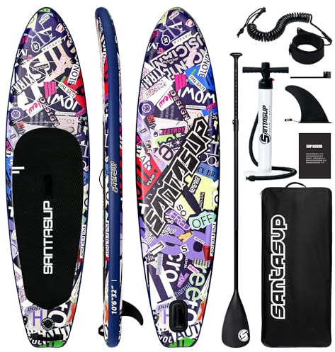 Santasup Blue Blow Up Paddle Board with Accessories, Wide Stand Up Paddle Board for Adults & Youth, Surfboard, All-Round Sup Board with Non-Slip Deck