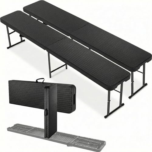 LIFERUN 2pcs Bierbank Klappbar, Klappbank Garten, Faltbank Camping mit Tragegriff, Faltbare Campingbank 183cm, Bierzeltbank, Partybank aus HDPE Kunststoff & Stahlgestell, Gartenbank, Rattan-Optik