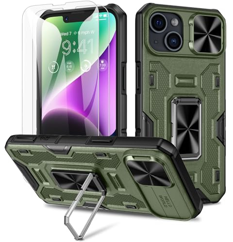 Doeshine Fodral för iPhone 14 och iPhone 13, mobiltelefonfodral med 2 stycken skärmskydd och kameraskydd, 360° roterbart magnetiskt ringstativ, robust militärt skyddsfodral för iPhone 14 och iPhone 13