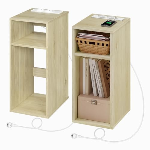 WOLTU 2er Set Nachttisch mit Ladefunktion, schmaler Kleiner Beistelltisch mit 2 Steckdosen 2 USB-Anschlüssen 2 offenen Fächer, 25x60x30 cm, für Schlafzimmer, Hell Eiche, NTS06hei-2