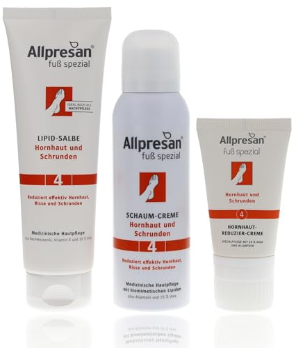 Allpresan fotspecial nr 4 fotvårdsset mot förhårdnader och slingor – för daglig vård av hornhud – uppsättning skumkräm 125 ml & lipidsalva 125 ml & förhårdnadskräm 40 ml