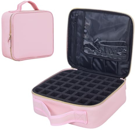 YAHOURWAT Nail Polish Organizer Case - PU Leather Portable Cosmetic Bag Hold 42 Bottles (15 ml/0.51 floz) with Removable Partition (Pink)