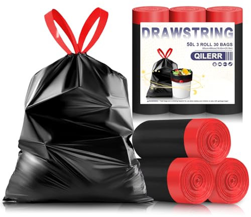 QILERR Bolsas de basura resistentes de 50 litros con asas de cordón | 30 bolsas de basura extra gruesas a prueba de fugas | Bolsas de basura reforzadas negras para jardín, cocina y hogar | Se adapta a