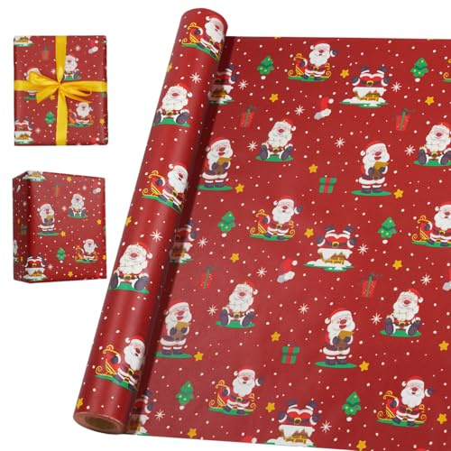 Rollo de papel de regalo rojo de 16 m, 43 cm, reciclable, con estampado de Papá Noel para Navidad, cumpleaños, baby shower y decoración de fiestas