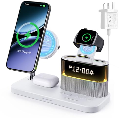 Charging Station,5 In 1 Wireless Charger with Alarm Clock,15W Fast Charger Stand For iPhone17 16 15 14 13 Pro Max AirPods Apple Watch,Bedside Docking Station with Light,Gadgets For Men Women,33W Plug