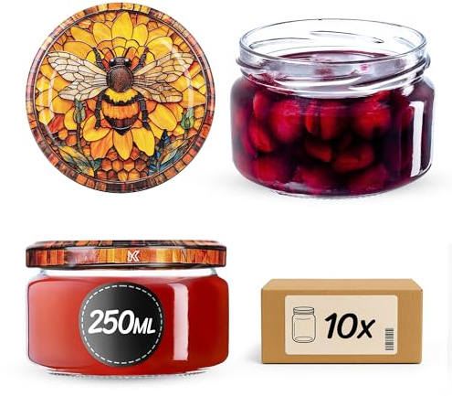 KADAX Set di 10 barattoli per marmellata da 250 ml con tappo a vite Ø 82 mm in Ape Gialla - ermetici, lavabili in lavastoviglie, ideali per marmellate, chutney, verdure sott'aceto, carne, paté e