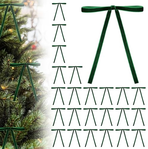 Fiocco di Velluto Natalizio 13x18cm, 24 Pezzi Fiocchi Già Annodati con Filo Metallico Stile Rustico, per Decorare Albero di Natale, Regali, Corone, Ghirlande e Decorazioni Festive (Verde scuro)