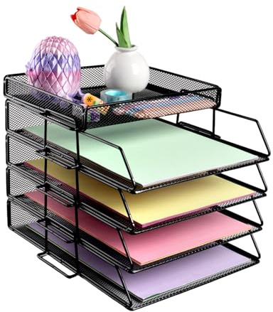 EasyOFC Organizador de escritorio de malla de 4 niveles, soporte para archivos de oficina con almacenamiento de papelería, organizador de documentos y cartas con soporte superior para papelería, color