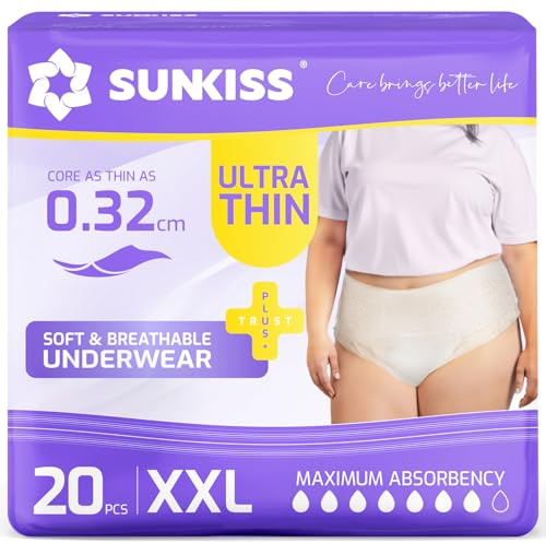 SUNKISS TrustPlus Culottes Incontinence Femme Ultra Fines, 20 Sous-vêtements Jetables Blanc Taille XXL, 7 Gouttes, Absorption Rapide, Protection Confortable pour Fuites Urinaires Ou Post Accouchement