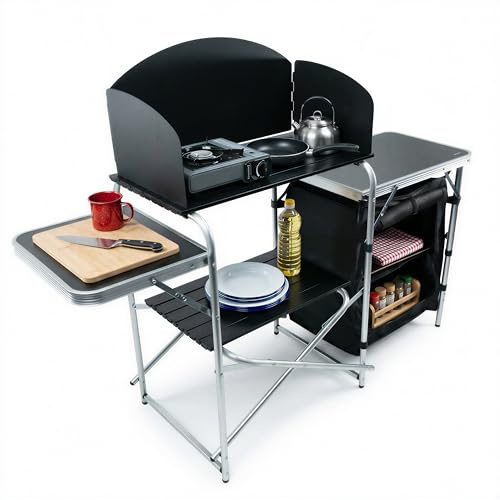 MoverX Portable Fold-Up Camping Kitchen with Windscreen, Pop Up Folding Camping Unit, Cabinet Outdoor 5 Shelf Aluminum Frame Portable for Garden Party Picnic, Supports 30kg