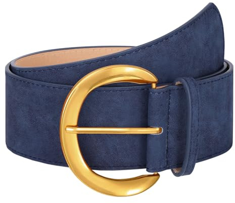 JASGOOD Ceinture Large Femme Cuir Ceinture en Suède Épaisse avec Boucle Dorée Vintage Accessoire Mode pour Robe,Bleu Marine,Taille 79-88 cm(Longueur 115 cm)