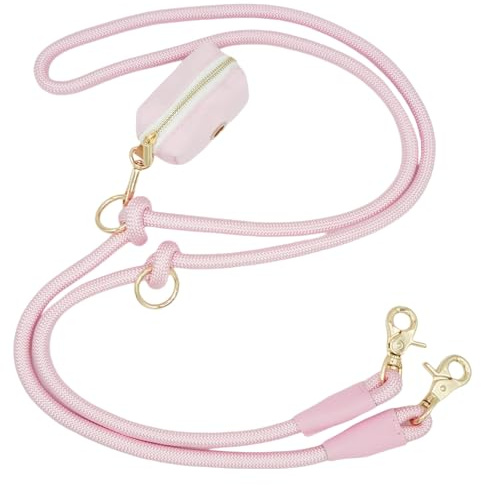 Multifunctional Hands Free Dog Leash 7FT, Nylon Rope Crossbody Shoulder Lead with Poop Bag Holder, Waist Dog Walking Leash for All Breeds (Pink, 7FT leash with poop bag holder)