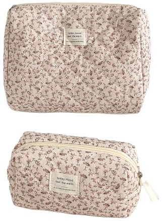 2 Piezas Bolsita de Maquillaje, Neceser de Pana con Estampado de Rosas, Bolsa Cosmética Multifuncional para Viajes, Estuche de Lápices de Pana Estampado Flores para Mujer y Niña Regalo Cumpleaños