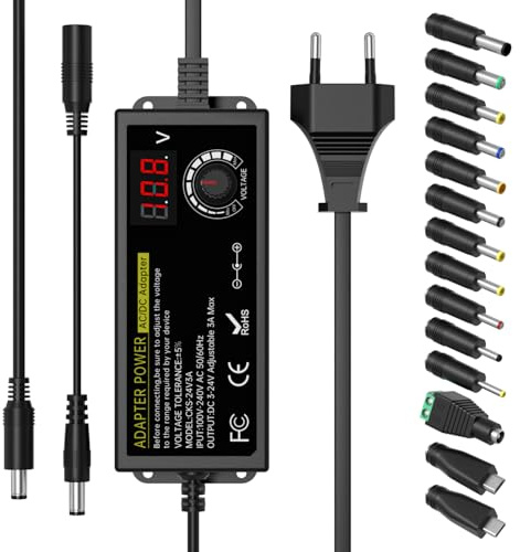 Universell nätdel 24V 3A 72W, AC till DC-adapter med justerbar spänning 3V–24V, LED-spänningsindikator och 14 anslutningsspetsar inklusive Micro-USB-kontakt, för hushållselektronik och likströmsmotore