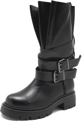 MISSCAI Bottes Biker Femme à Double Boucle Semelle Crantée Talon Bloc 5 cm | Bottines motardes, tige de 30 cm, tour de mollet réglable d’environ 34 à 60 cm, bout rond