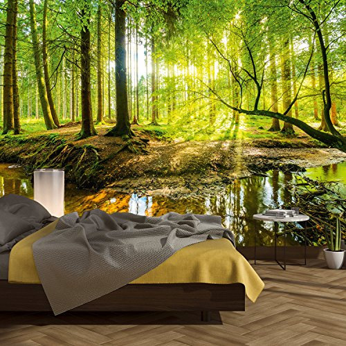 murimage Papier Peint Forêt 3D 366 x 254 cm Colle Inclus Photo Mural Bois Arbres lumière du Soleil étang Wallpaper
