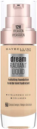 Maybelline Foundation, Dream Radiant Liquid Hydrating Foundation with Hyaluronic Acid and Collagen - Lightweight, Medium Coverage Up to 12 Hour Hydration - 27 Classic Beige