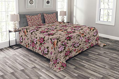 ABAKUHAUS Blume Tagesdecke Set, Blumenmuster mit Rose, Set mit Kissenbezügen Waschbar, für Doppelbetten 220 x 220 cm, Dunkelgrün Rosa