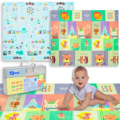Humbi Spielmatte Baby Krabbelmatte Faltbarer XPE-Schaumstoff Doppelseitig Wasserdicht Größe 150x180x1cm Teppich Babymatte rutschfest Tragbar… (Tiere/Straßen)