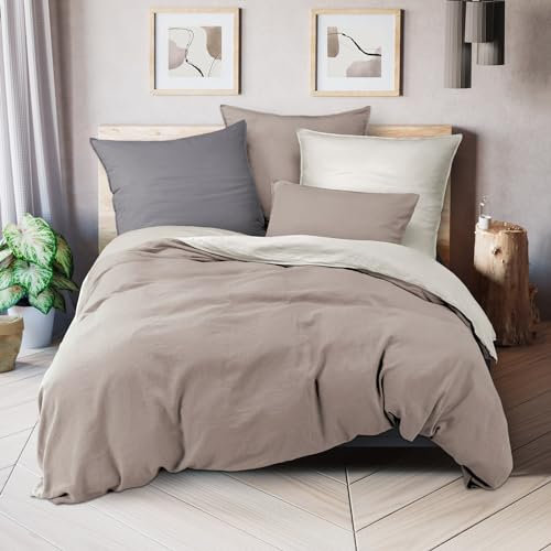 Pure Label Halbleinen Bettwäsche 155x220 cm mit Kissenbezug 80x80 cm in Taupe - Bügelfreie Bettwäsche Sets 155 x 220 aus belgischem Leinen und feinster Baumwolle