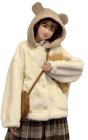 Esdlajks Kawaii Hoodie for Womens - Japanese Cute Bear Ear Coat Cotton Women's Jacket Plus Velvet Thickening Imitation Lamb Fur Warm (Color : Beige, Size : M)