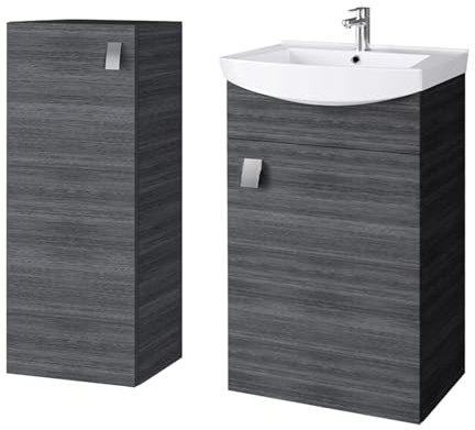 Planetmöbel Badmöbel Set Waschtisch mit Unterschrank 45 x 60 x 33 cm mit Midischrank 32 x 75 x 23 cm für Badezimmer, Gäste WC & Bad, Anthrazit