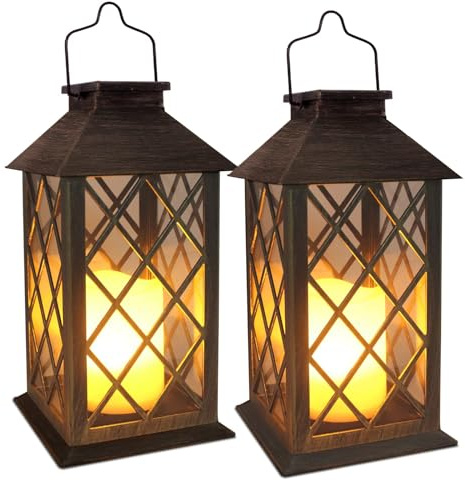 SHYMERY Solar Lanterns, Hanging Outdoor Lantern with Lasts 2X Longer LED Flickering Flameless Candles, Waterproof Outdoor Garden Lanterns Decorative for Patio, Porch,Deck, Yard, Table Decor 2 Pack