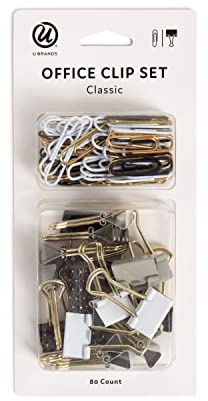 U Brands Set di clip classiche, forniture per ufficio, bianco e nero con oro, forniture per ufficio, clip per carta e raccoglitore, 80 pezzi