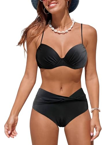 JFAN Bañadores Mujer Bikini Push Up Volantes Conjuntos de Bikinis Estampado de Talle Alto Trajes de Baño Reductor Barriga Negro M