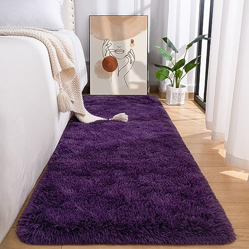 Przemy Fluffy Runner Rug for Bedroom Living Room, 2x6 Feet Dark Purple Shag Area Rugs, Soft Fuzzy Carpet for Bedside Nursery Kids Room College Dorm, Plush Throw Rug for Home Decor