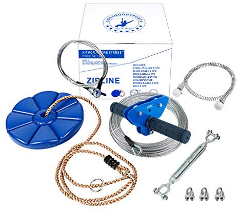 CTSC 29m Kit Zipline, Impugnatura Antiscivolo, Freno a Molla in Acciaio Inox, Teleferica per Sedile & Corde in Acciaio per Bambini e Adulti (29 m Blu)