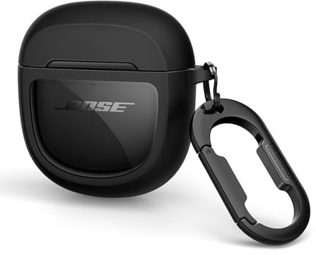 SURITCH Transparent Hülle für Bose QuietComfort Earbuds II 2022/QuietComfort Ultra 2023, Stoßfeste TPU Schutzhülle mit Karabiner & Schlüsselbund & Transparentem Logo Fenster (Schwarz)