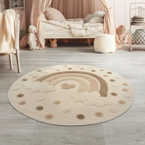 TT Home Kinderteppich Kinderzimmer Teppich Spielteppich Kurzflor Sonne Flauschig 3D, Farbe:Dunkelcreme Creme Sand, Größe:120 cm Rund