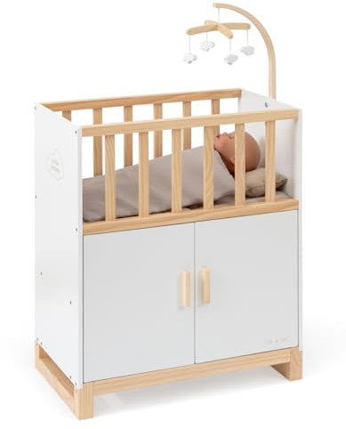 ELLA & PIET® Puppenbett Cozy mit Schrank und Mobile aus Holz (Weiß-Schlamm)