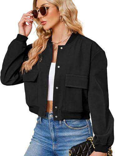 Zando Black Cropped Jacket Women - Black Bomber Jacket Women Short Button Down Womens Jackets for Womens with Pockets Long Sleeve Baseball Varsity Jackets for Daily Work Outdoor Travel Parties XL
