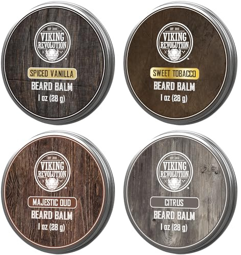 Viking Revolution 4 Beard Balm Variety Pack (1oz Each)- Spiced Vanilla, Sweet Tobacco, Majestic Oud, Citrus - Styles, Strengthens & Softens Beards & Mustaches - Leave in Conditioner Wax for Men