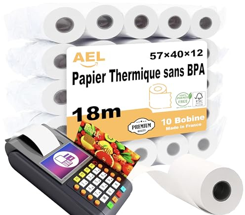 Amazinnov-Pack de 10 Rouleaux 57x40x12mm,18m 55 g/m² de Papier Thermique pour carte bancaire : Impression Haute Définition pour Terminaux de Paiement CB (57x40x12mm,Lot10)