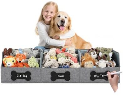 Qozary Large Dog Toy Basket with Diy Tag - Collapsible Dog Toy Bin, Fabric Personalized Pet Toy Box, Trapezoid Storage and Organizer for Pet Supplies