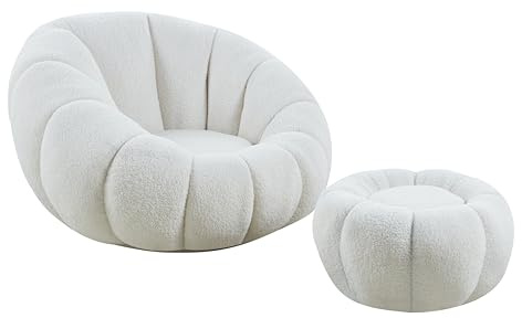 cosyou Sessel mit Hocker gemütlicher Teddystoff - runder Polstersessel für Wohnzimmer & Schlafzimmer, Relaxsessel drehbar für entspannte Abende beige, weiß, rosa - jetzt Farbe wählen (Weiß)