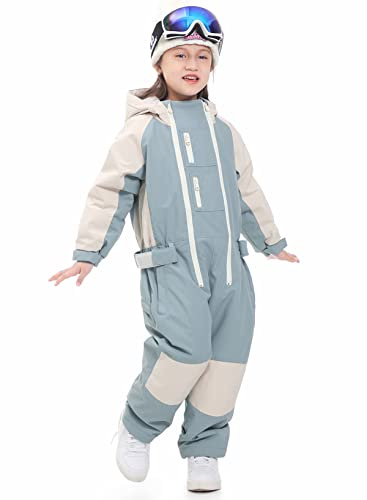 SNBOCON Kids Girls Boys One Piece Snowsuits Ski Suits High Collar Hood Double Zipper Front Colorful Jumpsuits Snowboard Outdoor Winter Waterproof Jackets(120cm,Blue)