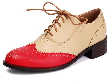 SHEMEE Chunky Low Heels Oxfords for Women Vintage Wingtip Two-Tone Lace Up Creeper Shoes Multicolored British Oxford Brogues Perforated Saddle Pumps Leisure Party Derby Shoes Red,Size 12