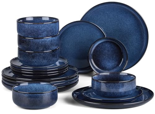 HaWare Dinner Set, 18 Piece Stoneware Dinnerware Service for 6, Reactive Glaze Dining Ware Include Plates and Bowls, Chip and Scratch Resistant, Microwave & Dishwasher Safe, Nebulas Blue