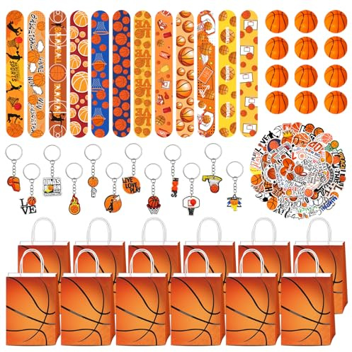 Yhjxly Lot de 98 cadeaux de fête de basket : accessoires, sacs cadeaux, mini ballons de stress, porte-clés, autocollants pour garçons et filles