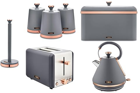 Tower Cavaletto Grey 1.7L 3KW Pyramid Kettle, 2 Slice Toaster, Bread Bin, Canisters & Kitchen Roll Holder. Contemporary Matching Kitchen Set of 7 in Matte Grey Finish with Rose Gold Accents