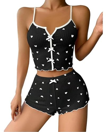 GIVTULIP Women's Pyjamas Shorts Set Summer Sleeveless Tank Top and Shorts Soft Cotton Pj Sets with Heart Print Elegant Crop Top Nightwear with Drawstring Camisole Loungwear Sleepwear Black