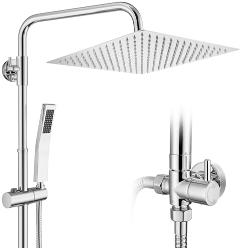 Auralum Colonne de Douche Sans Mitigeur Chrome en Laiton, Colonne Télescopique 68-108cm avec Tête de Douche Carrée 10, Douchette Carrée et Flexible PVC, pour Baignoire et Salle de Bain